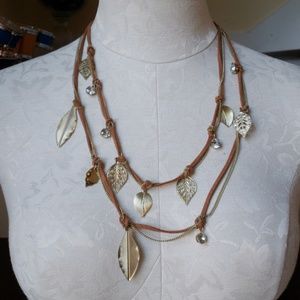 Brown suede necklace with gold leaf accents